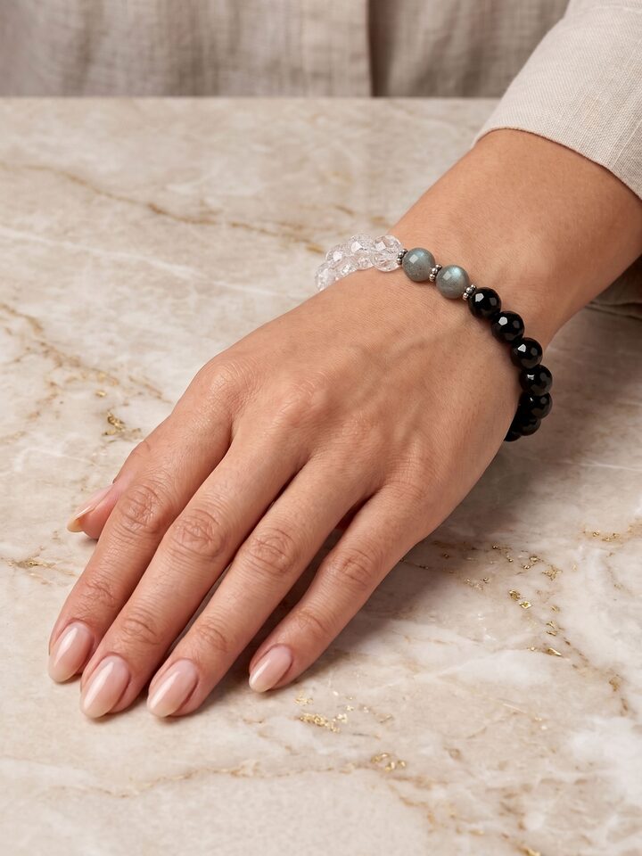 Styled view of Gemstone Black Onyx, Labradorite & Crystal Bead Silver Bracelet worn on the wrist, showing how it looks styled