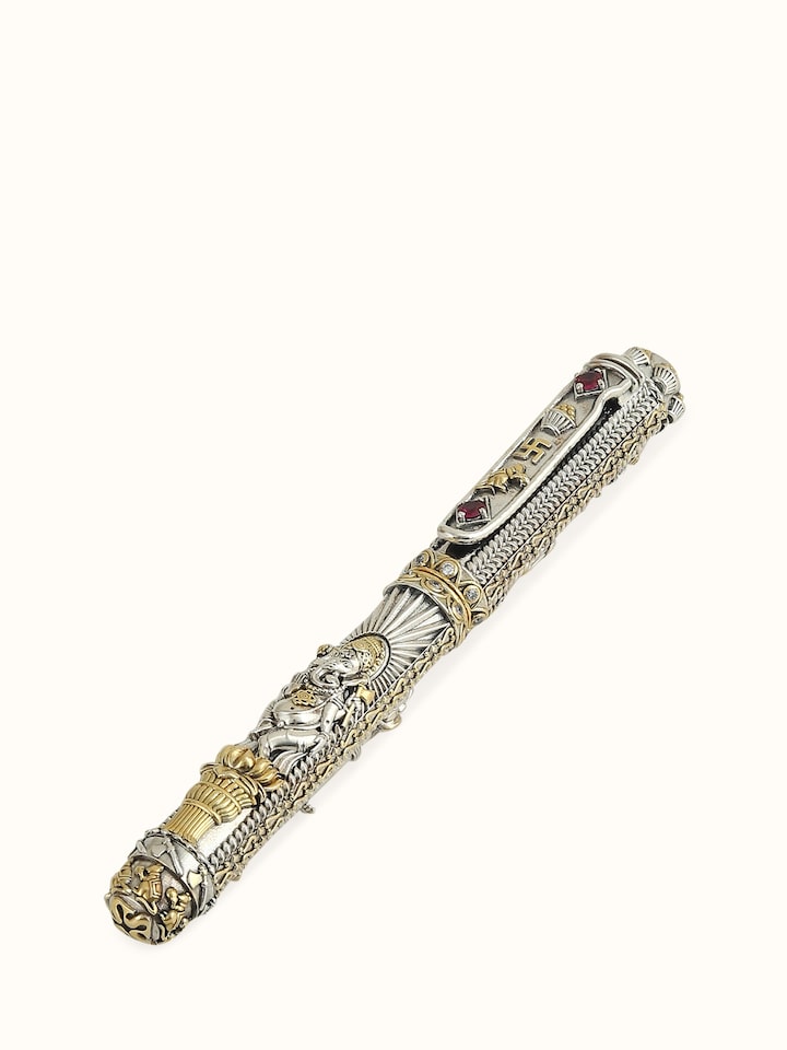 Close-up view of Nakash Silver Ganesha Pen highlighting the stone setting and metalwork detail