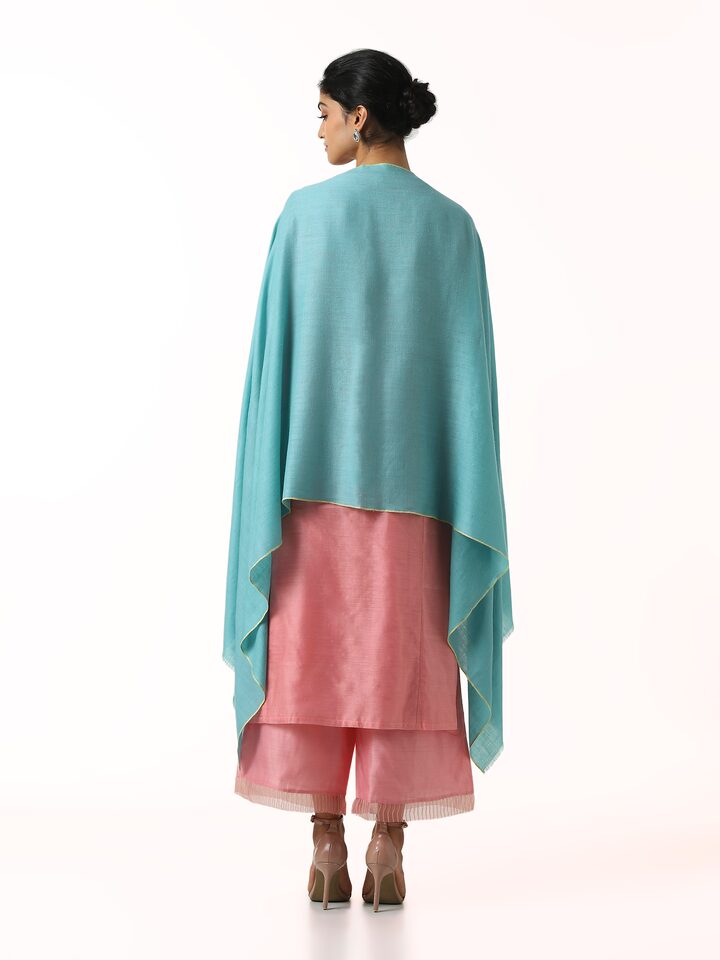 Back view of teal cashmere kaaj embroidered handwoven stole displaying embroidered detailing