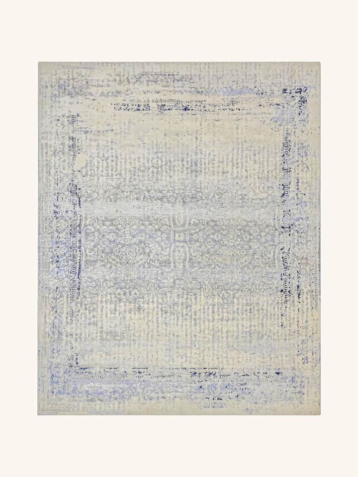 Front view of Transitional Persian Grey Bhadohi Wool & Bamboo Silk Hand Knotted Rug showing the full rug and pattern layout