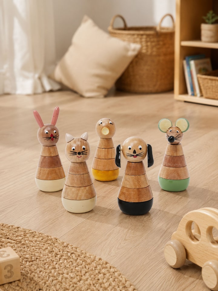 Left-side view of the Channapatna Ivory Wood Counting Set Beige