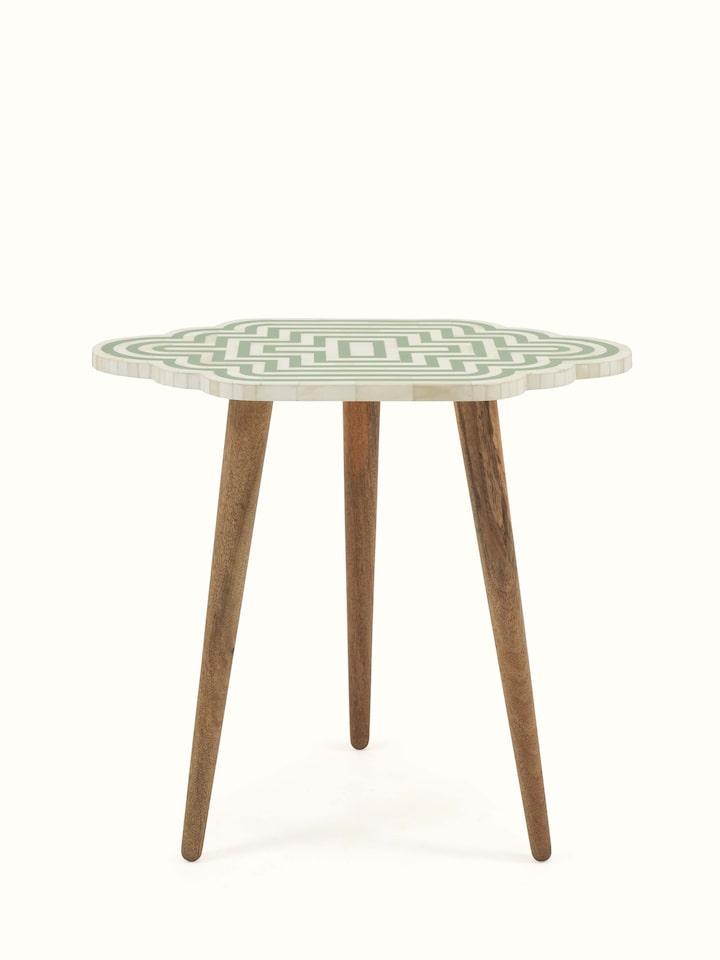 Front view of Grey Acacia Wood Bone Inlay Nesting Tables (2 Pcs) emphasizing the elegant bone inlay work and modern design.
