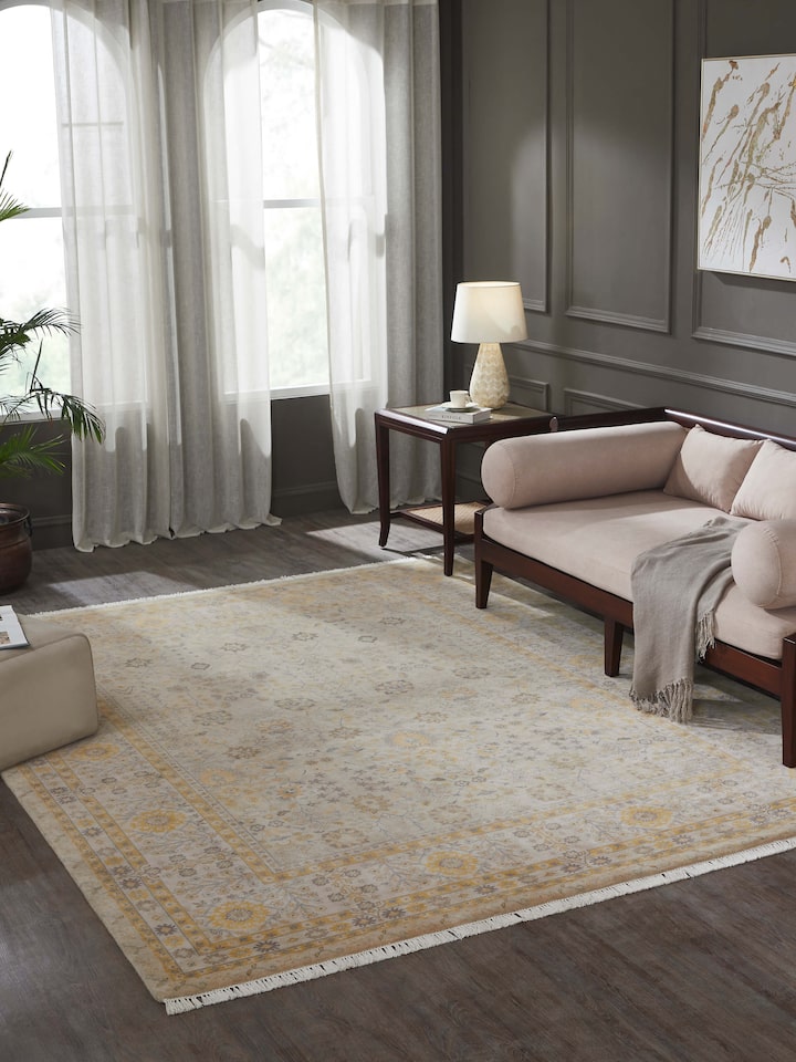 Top view highlighting the full rug design with traditional motifs and color contrast