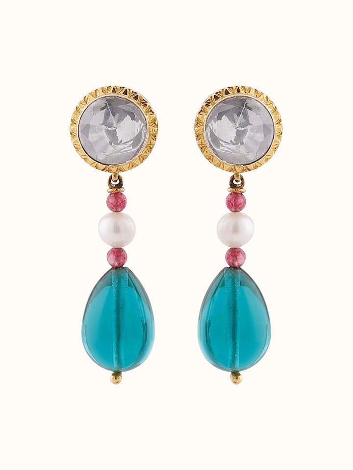 Front view of alternate Dank Polki gold drop earrings featuring floral stonework in yellow gold.