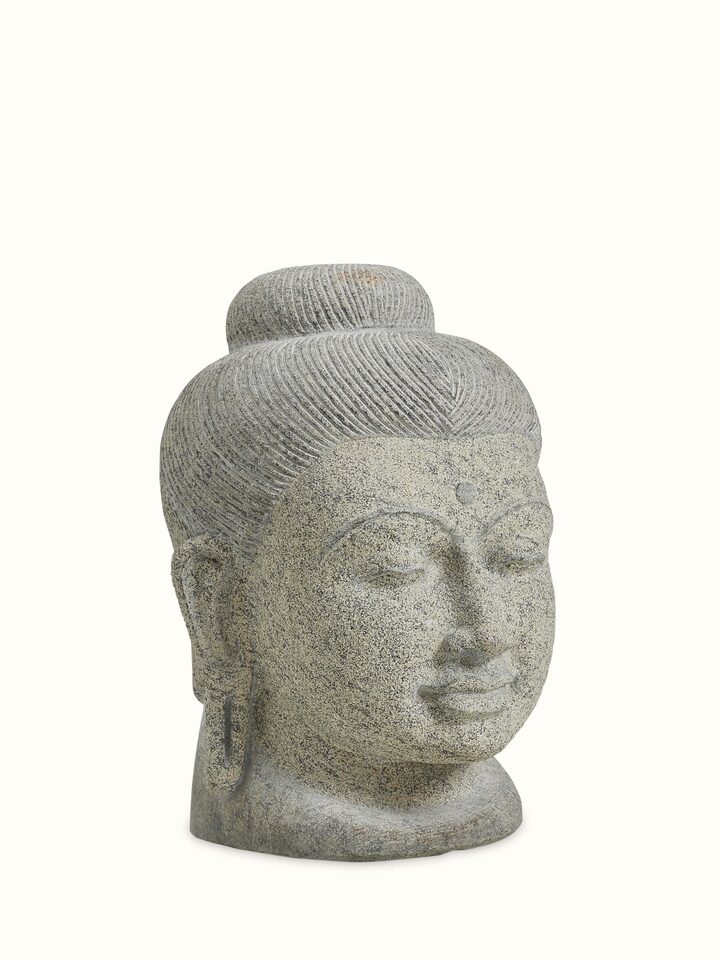 Alternate angled view of the Stone Carved Buddha Head Sculpture