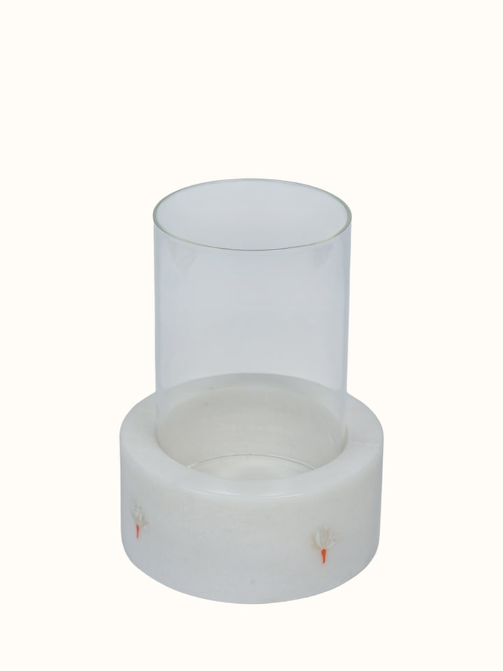 angled view of marble inlay pacchikari candle holder