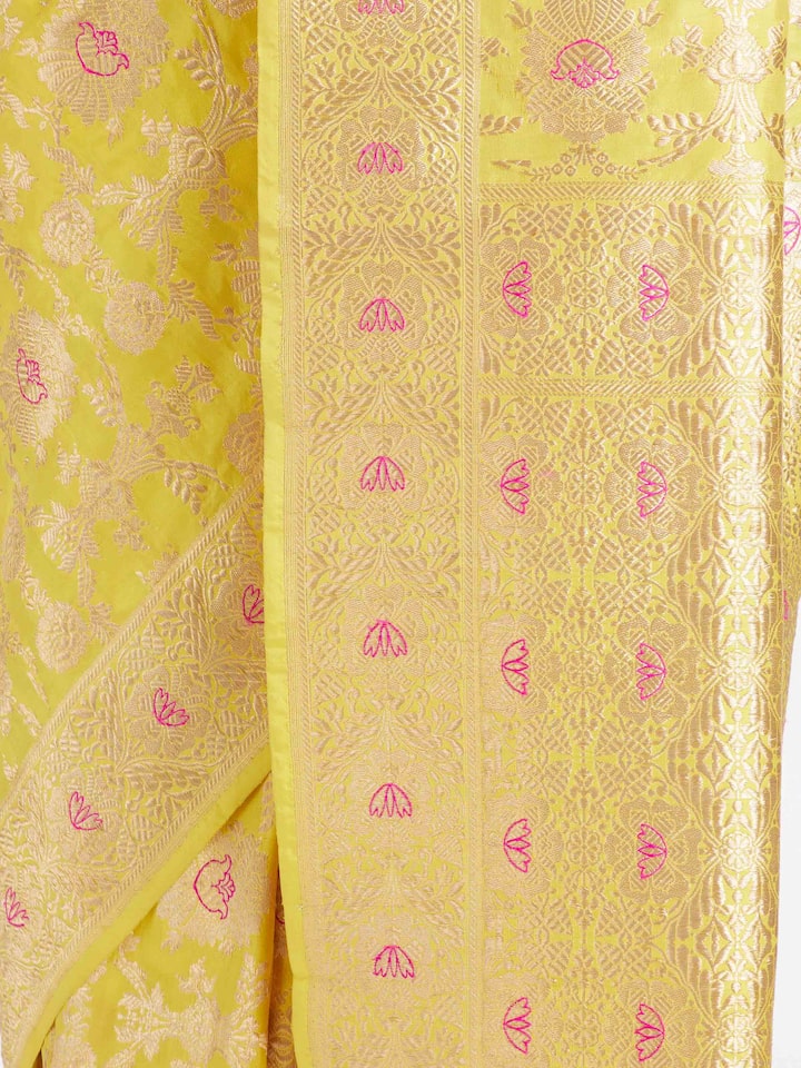 Draped detail view of the Yellow Mulberry Katan Silk Banarasi Saree