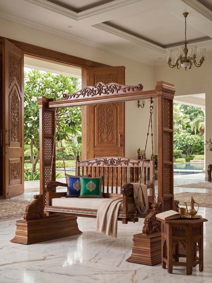 Upholstered Teak Wood 2-seater Swing