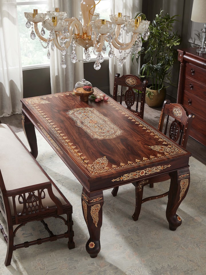 lifestyle view of rosewood inlay 6-seater dining table