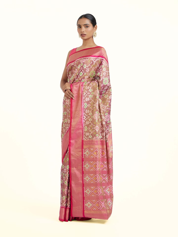 Side view of Multi Pochampally Ikat Silk Saree highlighting the detailed craftsmanship and elegant silhouette