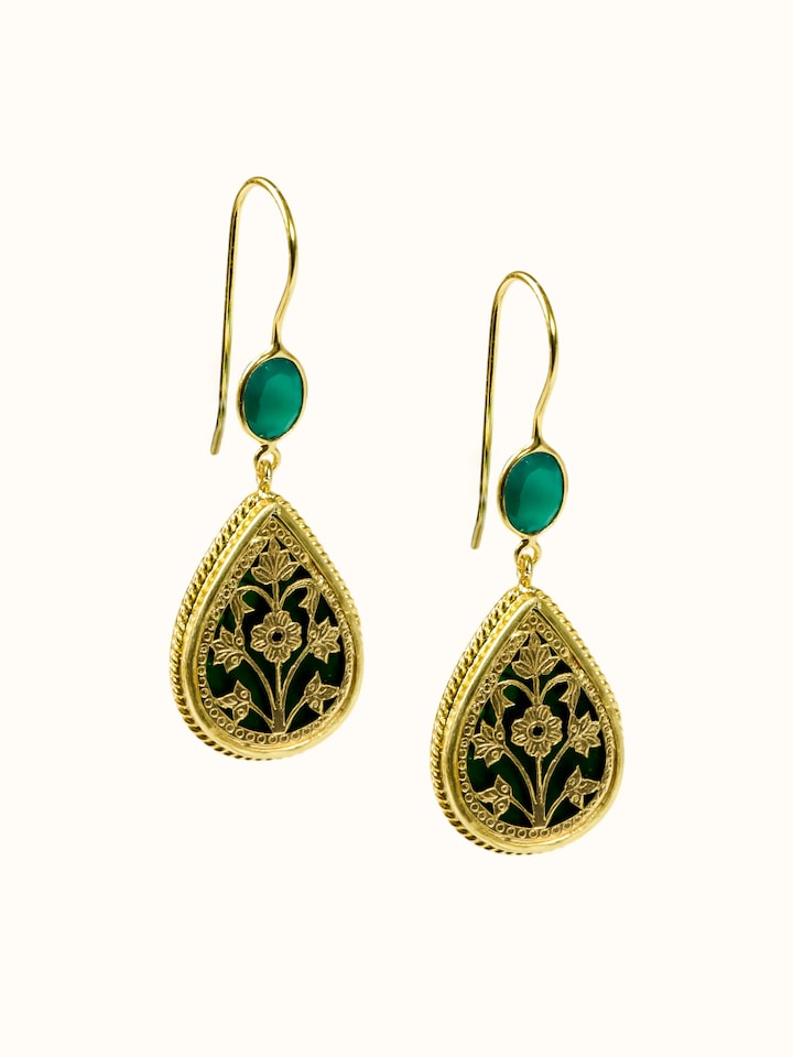 Close-up view of Thewa Silver Drop Earrings highlighting the stone setting and metalwork detail