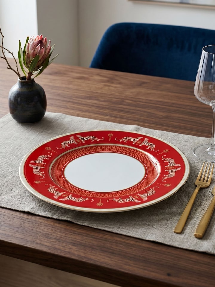 Styled view of Ceramic Charger Plate With Hand-Applied Gold-Accent Motifs styled in a home setting