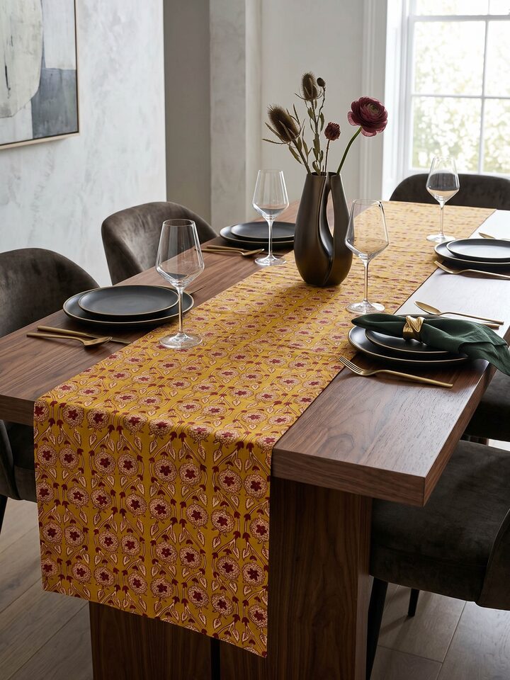 Lifestyle view of the Marigold Hand Block Dabu With Embroidery Floral Bed Runner