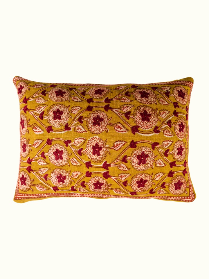 Front view of the Swadesh Marigold Hand Block Dabu With Embroidery Floral Cushion