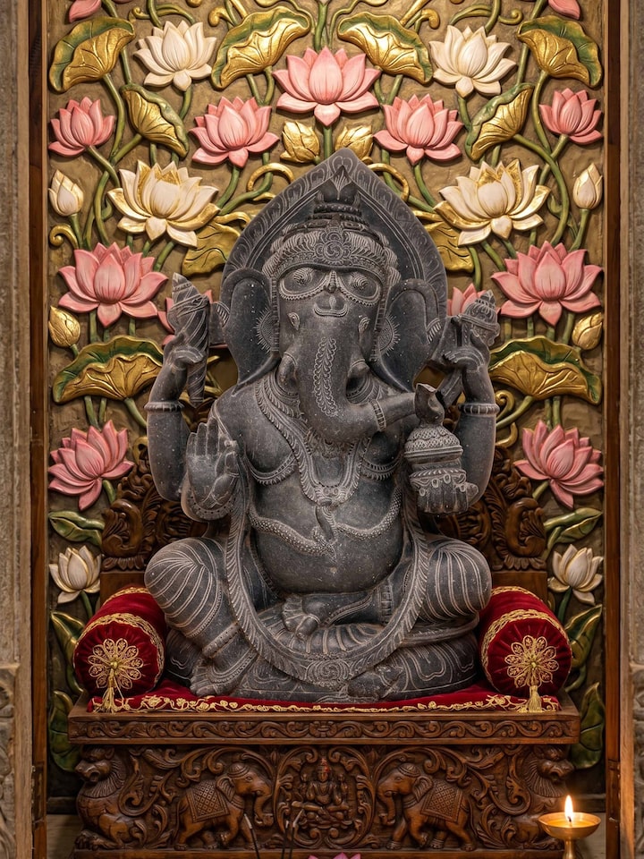Styled view of Stone Carved Ganesha Idol styled in a home setting