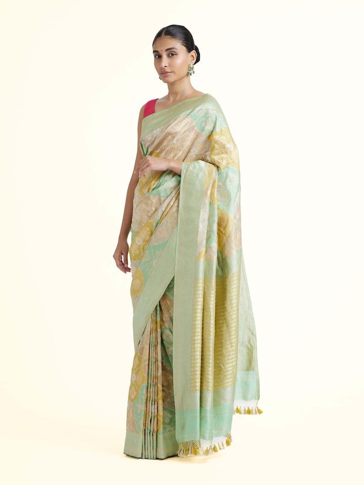 Side view of Silk Rangkat Banarasi Saree highlighting the woven border detailing