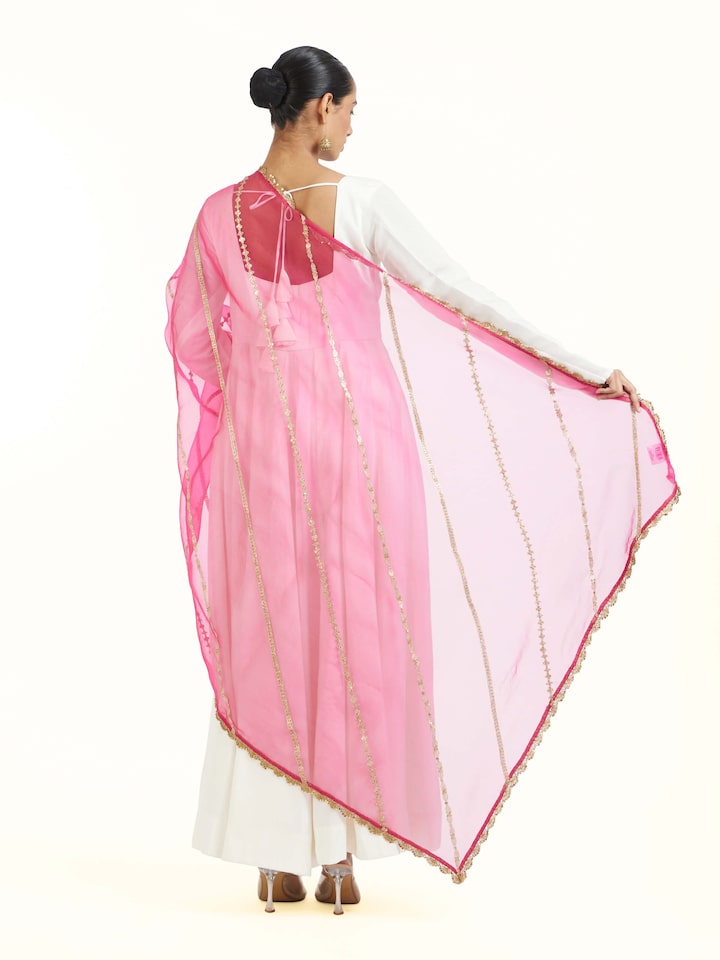 back view of pink hand embroidered dupatta