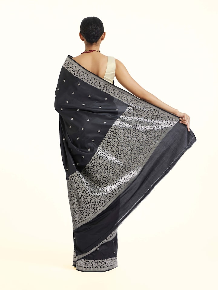 Back view of Black Banarasi Kadhwa Silk Saree emphasizing the overall design and fine details