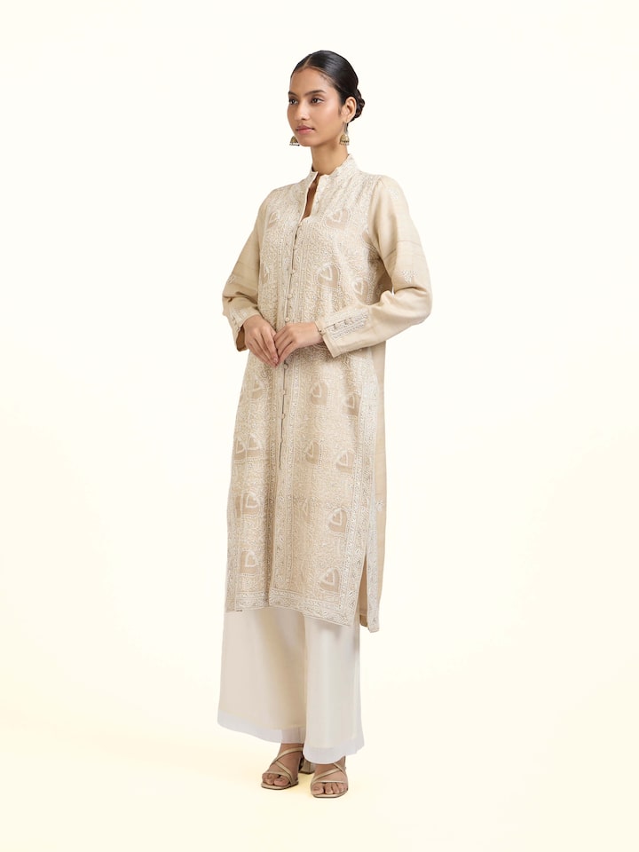 Side view of the Beige Tussar Silk Chikankari Jacket Style Kurta