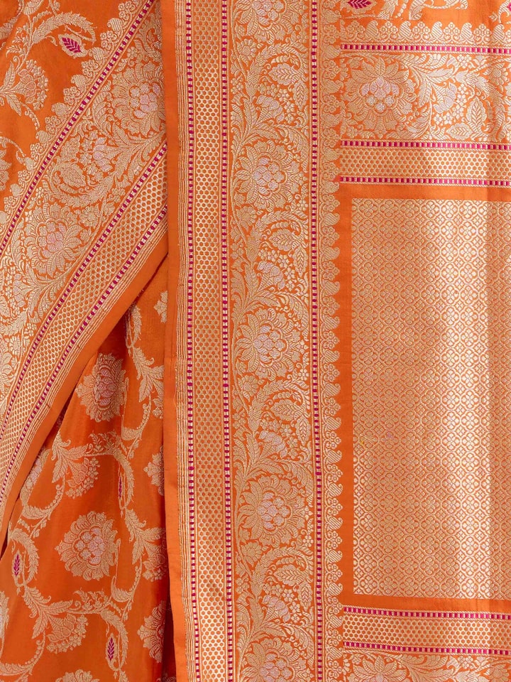 Detailed view of Orange Banarasi Kadhwa Silk Saree focusing on the fine craftsmanship and texture