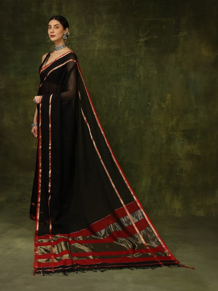 Side view of black cotton silk Maheshwari saree with elegant drape