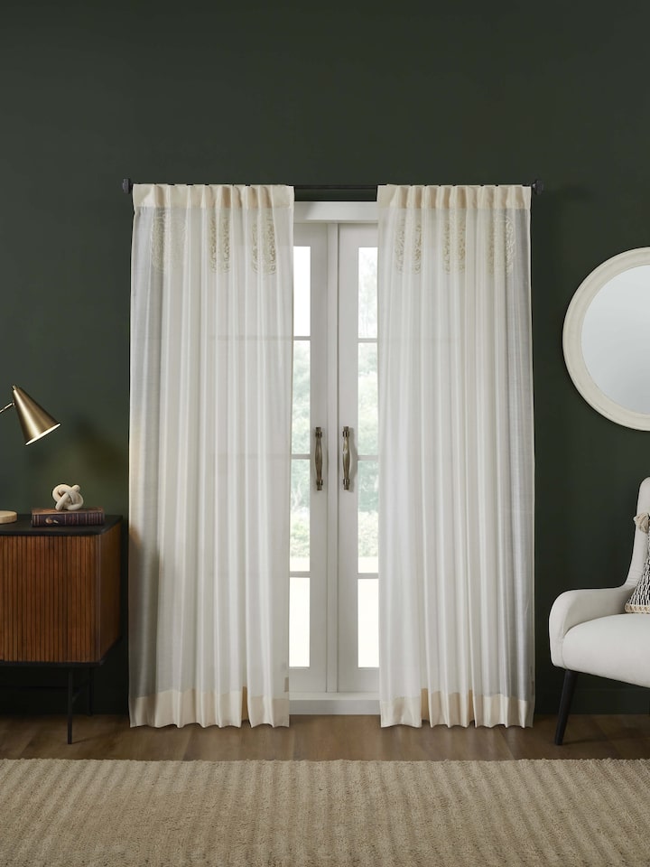 Razza Ivory Buta Cotton Silk Kashmir Chain Stitch Hand Embroidery Sheer Curtain (7 Ft)