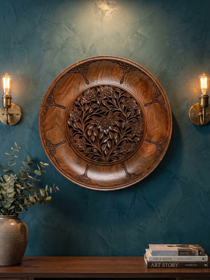 Styled view of Phooldar Walnut Wood Display Plate styled in a home setting