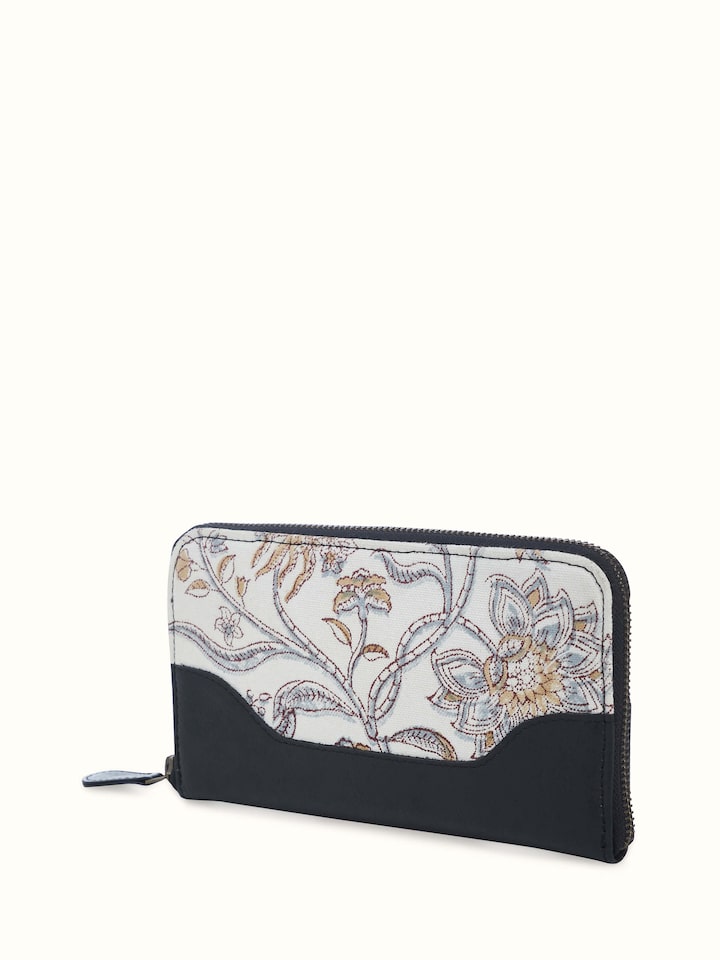 Angled shot highlighting hand block print patterns and textured material.