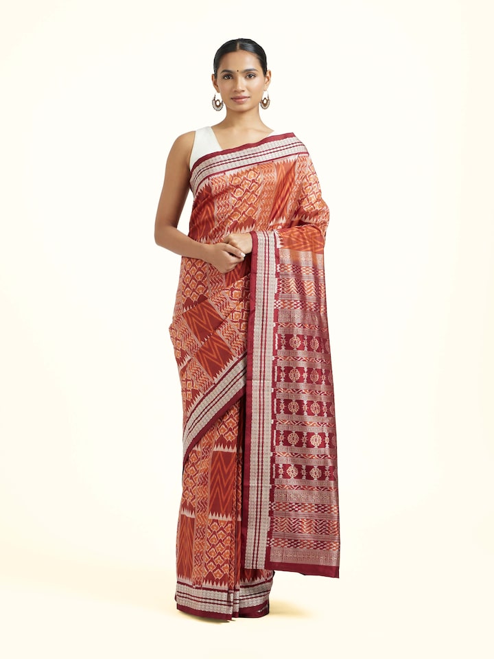 Front view of the Brown Mulberry Silk Bandha Odisha Saree