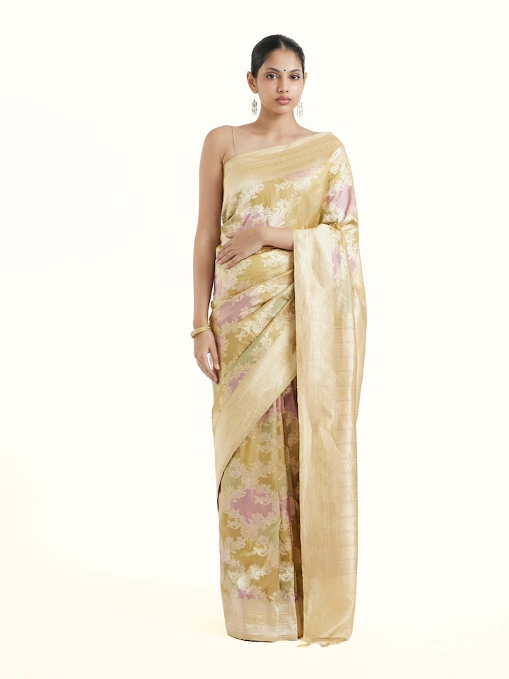 Front view of silk rangkat banarasi saree showcasing rich woven motifs