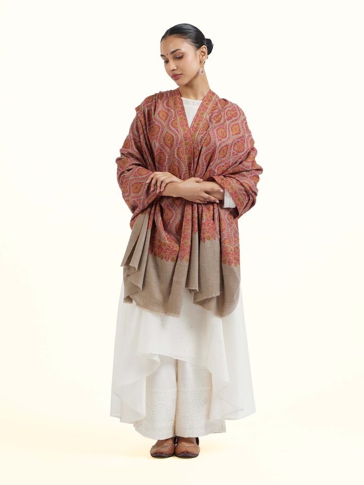 Front view of Natural Sozni Hand Embroidered Shawl showcasing its traditional craftsmanship and design