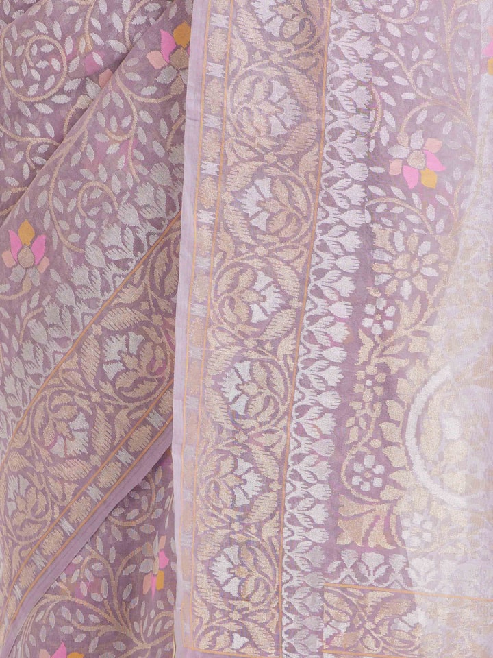 Detail view of purple cotton Awadh Jamdani Banarasi saree showing fine weaving