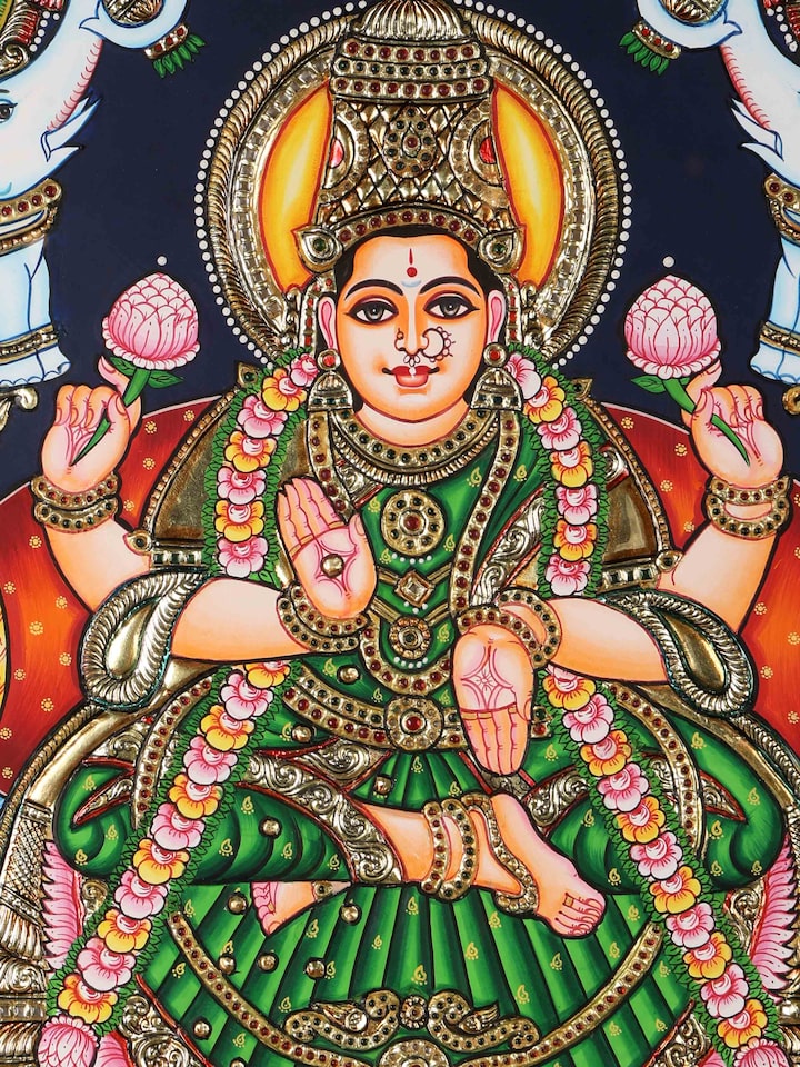 Detail view of the Gaja Lakshmi Thanjavur Painting