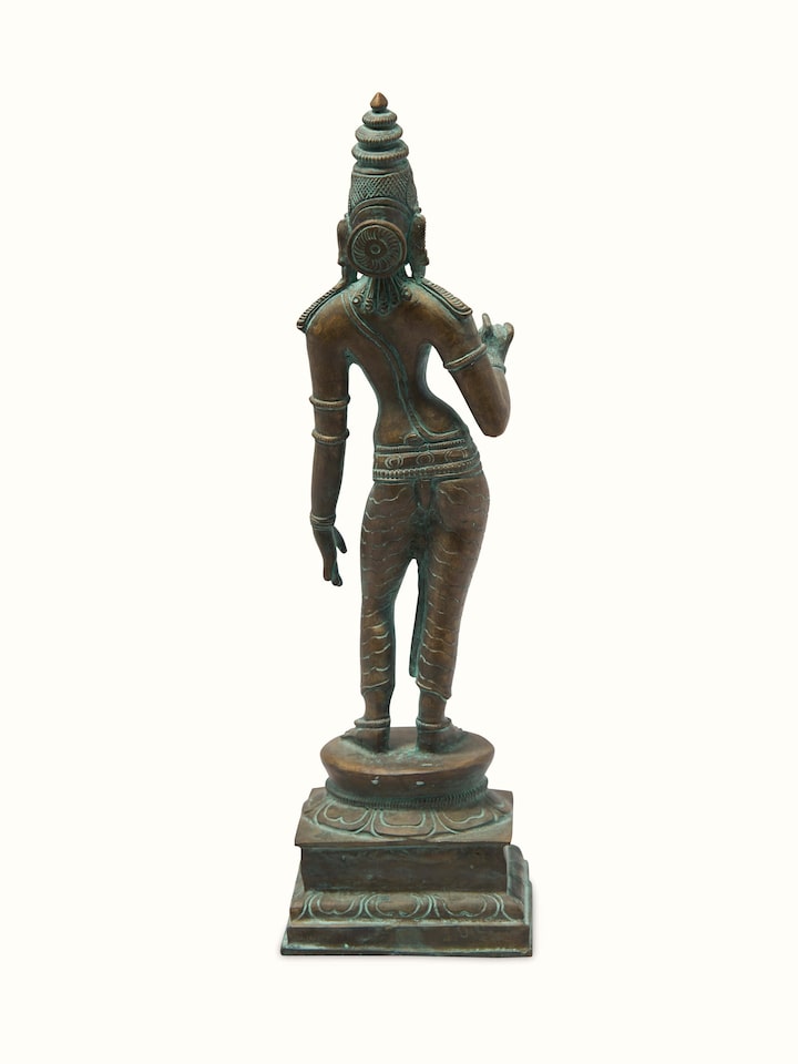 Close-up view of Antique Bronze Casting Goddess Parvati Idol from Swadesh, focusing on the intricate detailing and polished finish.