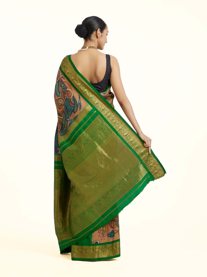 Back view of the Silk Kalamkari Painted Kanchipuram Saree