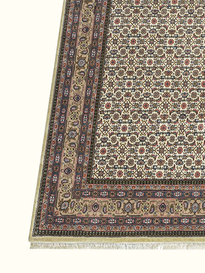 Close-up view of Traditional Persian Herati Beige Bhadohi Wool Hand Knotted Rug highlighting the hand-knotted weave and motif detail