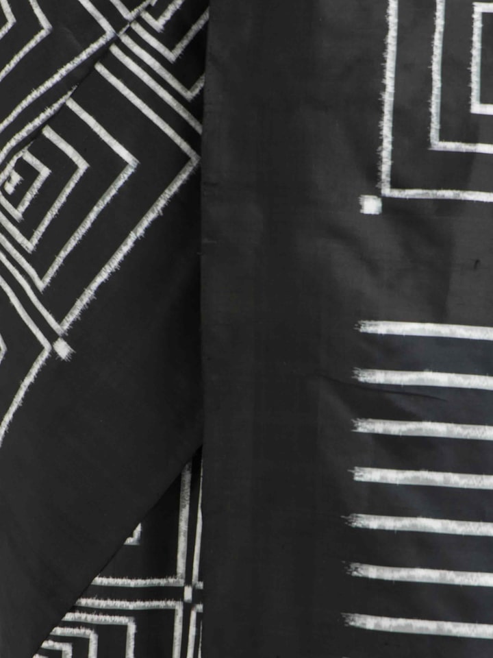Draped detail view of the Black Pochampally Ikat Handloom Silk Saree