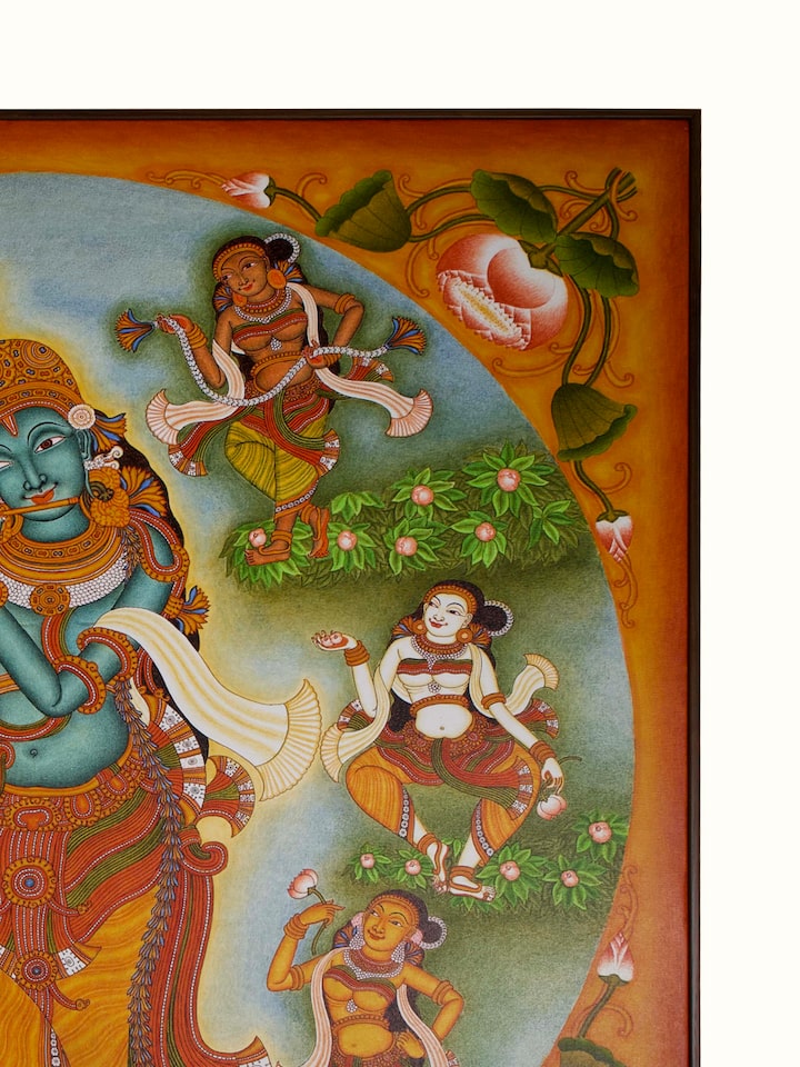 Detail view of Raasaleela Kerala Mural Painting highlighting the intricate linework and detail