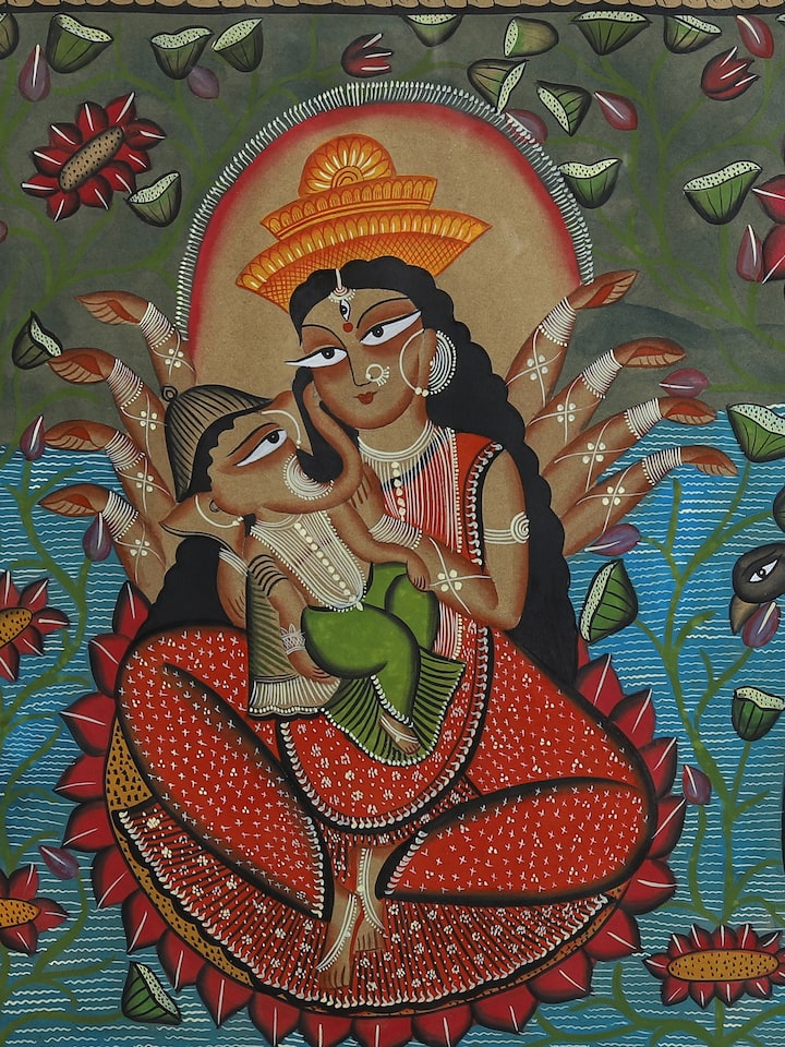 Detail shot of Durga Family Kalighat Painting