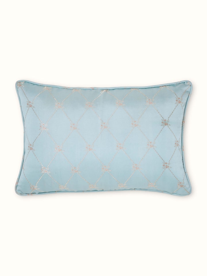 Front view of Mandana Light Aqua Trellis Silk Banarasi Brocade Handloom Lumbar Cushion Cover showing the full piece and pattern