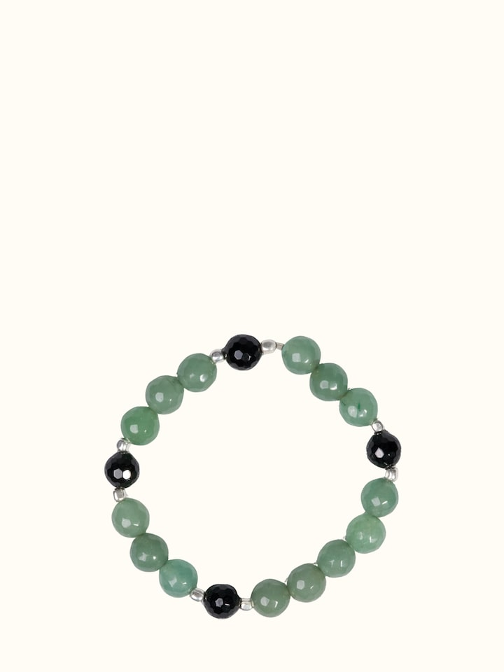 Front view of the Swadesh Gemstone Black Onyx & Green Aventurine Silver Bracelet