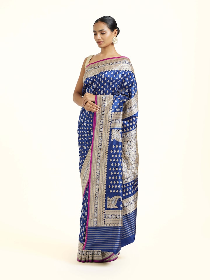 Angled view of the Blue Banarasi Handloom Kadhwa Saree