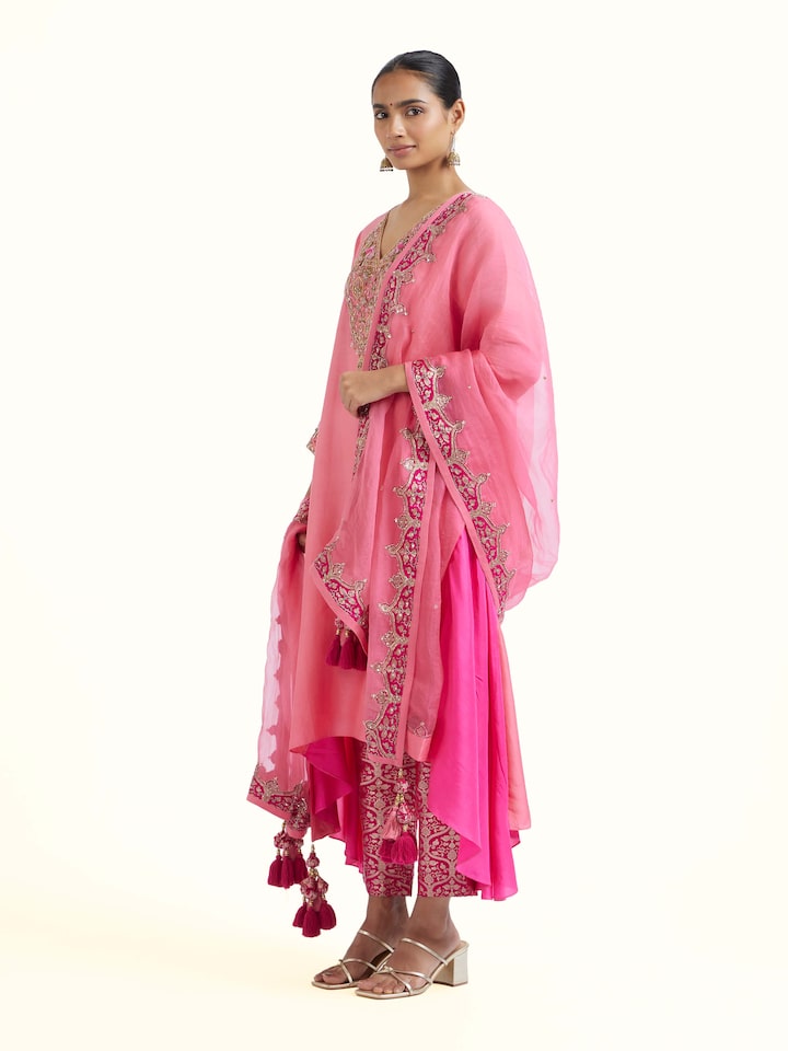 Side view of Pink Zardozi Silk Kurta Set (3 Pcs) highlighting the detailed craftsmanship and elegant silhouette