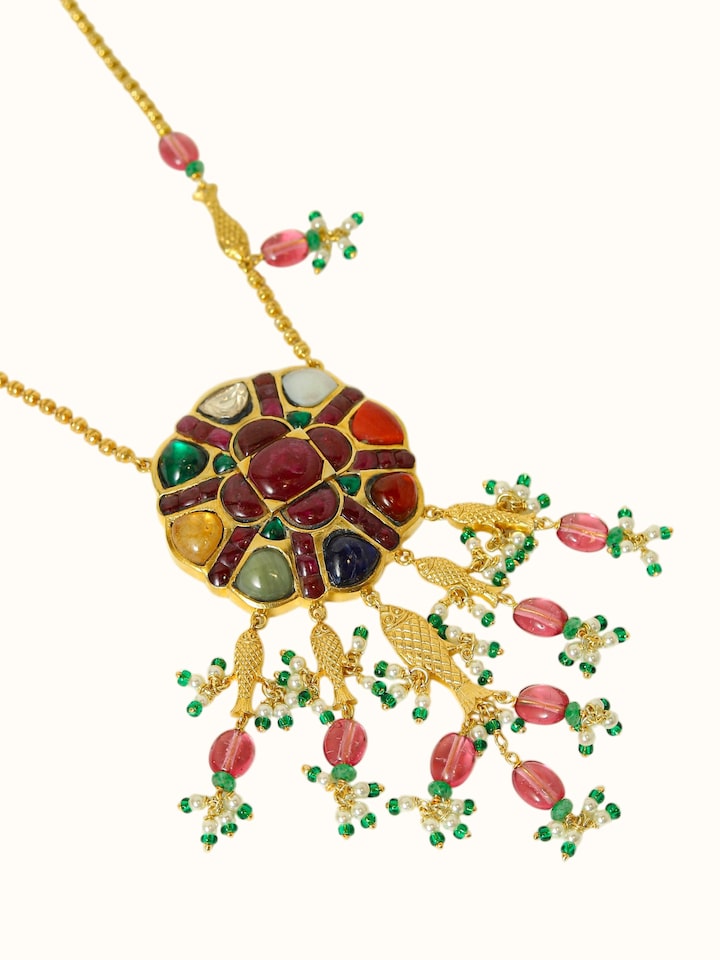 Detail view of Navratna Silver Pendant & Chain highlighting the stone setting and metalwork detail