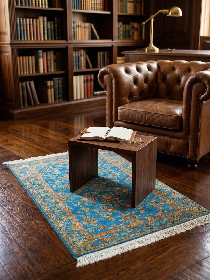 Lifestyle view of the Traditional Persian Blue Mahal Kashmir Silk Hand-Knotted Carpet
