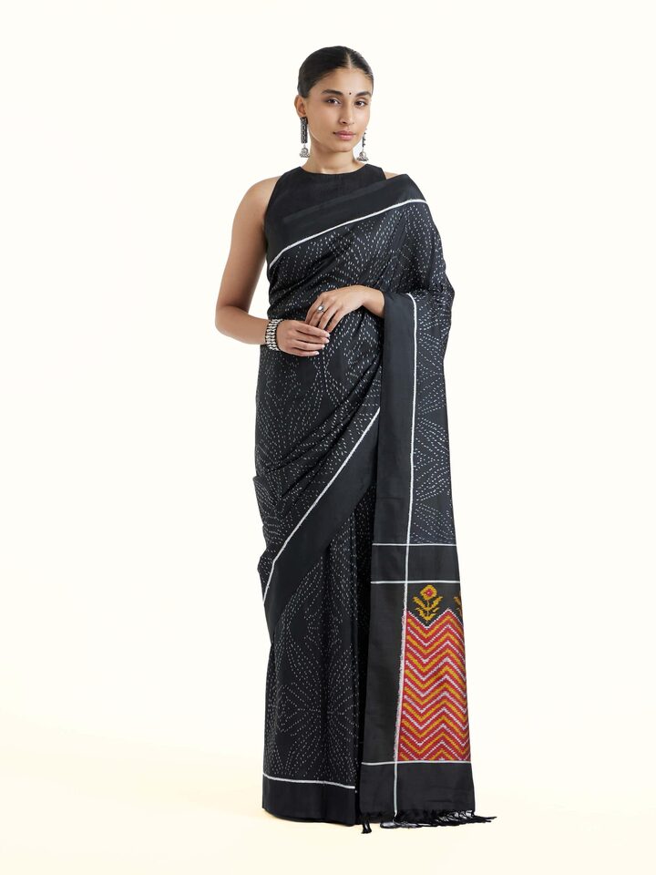 Black Pochampally Ikat Handloom Silk Saree