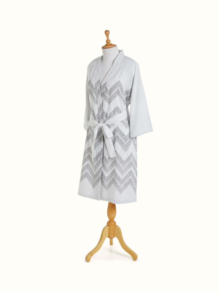 Rambagh geometric cotton Sanganeri block printed bathrobe, angled view showing print