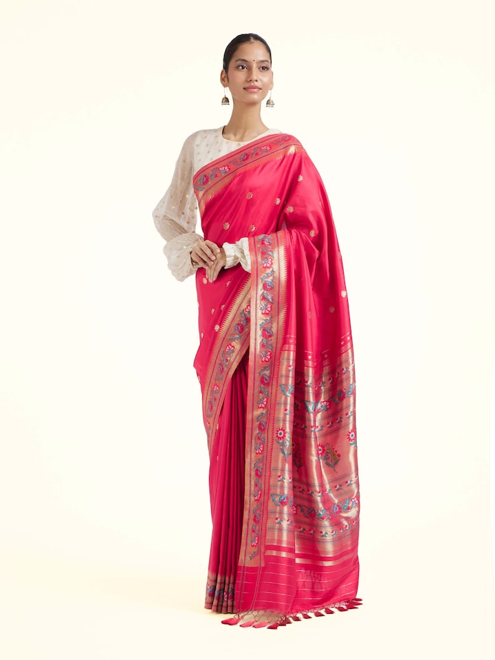 Side view of Aadhya silk Paithani saree highlighting graceful drape