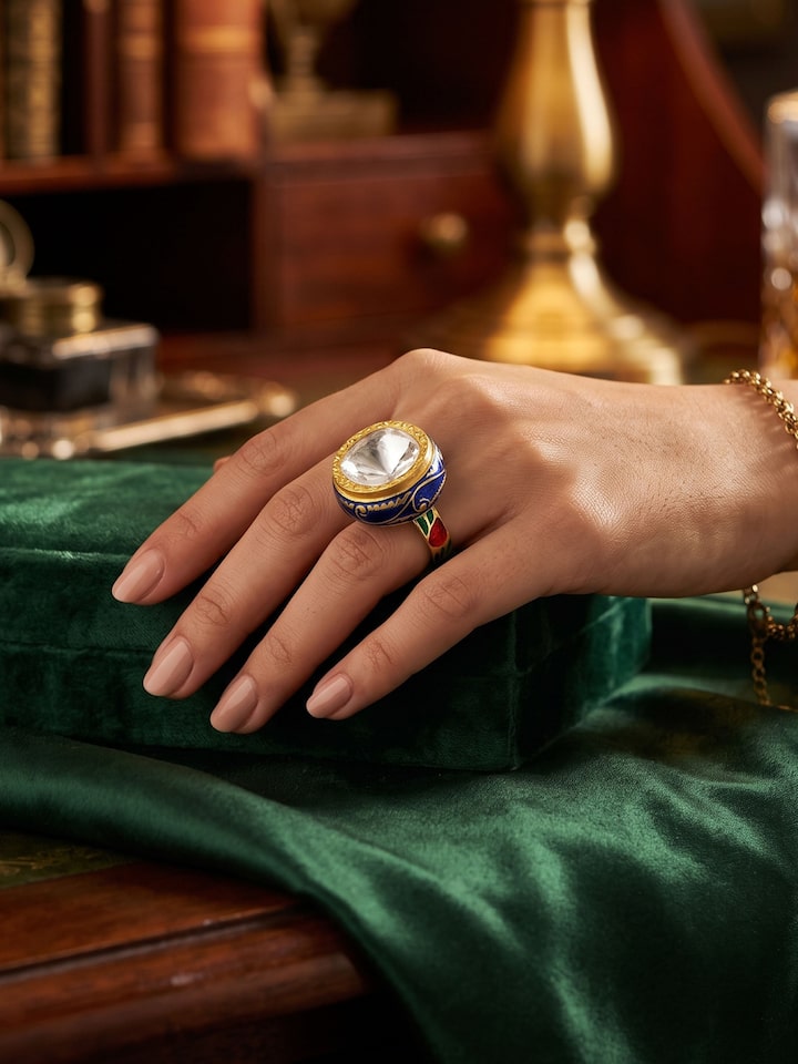 Styled view of Jadau 18 Karat Gold Ring worn on the finger, showing how it looks styled