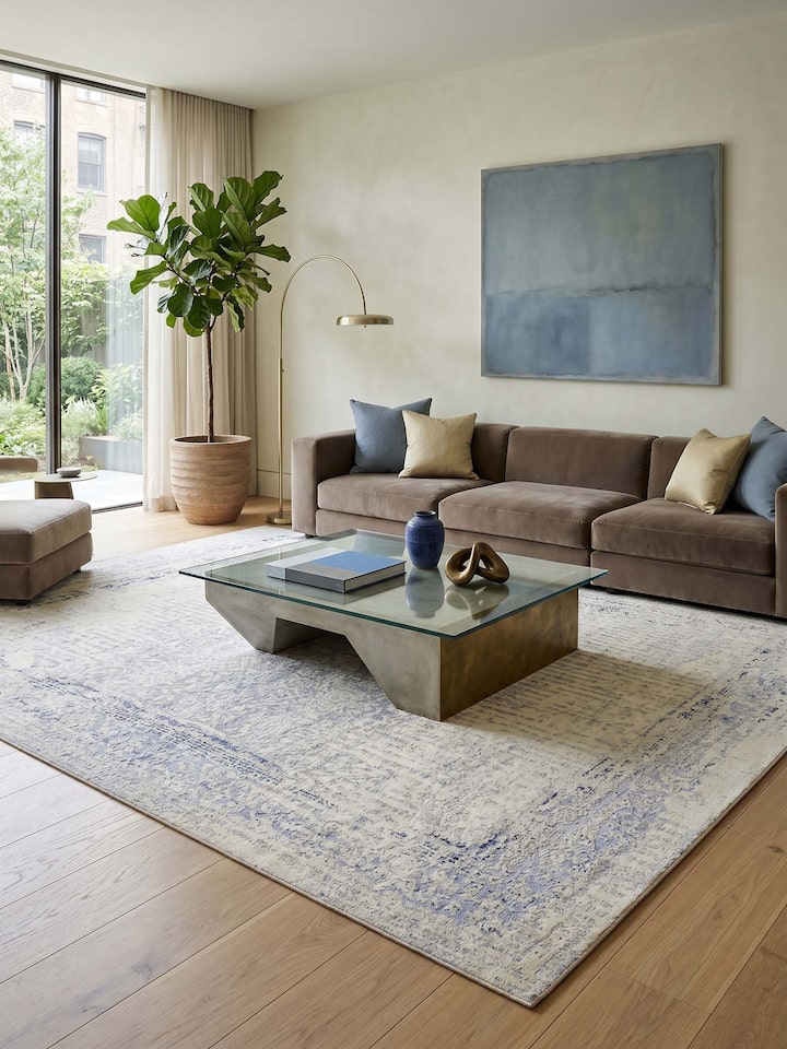 Styled view of Transitional Persian Grey Bhadohi Wool & Bamboo Silk Hand Knotted Rug styled in a room setting